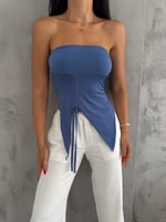 Ayarlanabilir Yırtmaçlı Straplez Crop İndigo