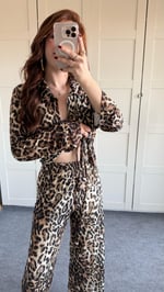 Bağcıklı Gömlek Leopar Takım Kahverengi 