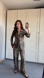 Bağcıklı Gömlek Leopar Takım Kahverengi 