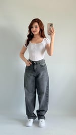 Baggy Bel Tokalı Pantolon Taşlanmış Gri 