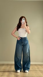 Baggy Ön Arka Taşlı Pantolon Mavi