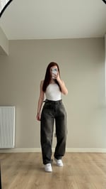 Baggy Viral Jeans Çift Kemer Koyu Kahve Tintli 