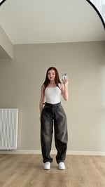 Baggy Viral Jeans Çift Kemer Koyu Kahve Tintli 