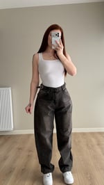 Baggy Viral Jeans Çift Kemer Koyu Kahve Tintli 