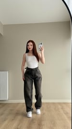 Baggy Viral Jeans Çift Kemer Koyu Kahve Tintli 