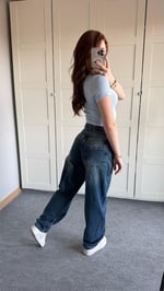 Baggy Viral Jeans Çift Kemer Koyu Mavi