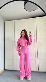 Balıkçı Crop Kazak Yüksek Bel Pantolon Triko Takım Pembe