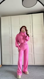 Balıkçı Crop Kazak Yüksek Bel Pantolon Triko Takım Pembe