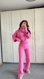 Balıkçı Crop Kazak Yüksek Bel Pantolon Triko Takım Pembe