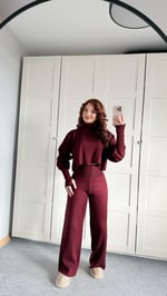 Balıkçı Crop Kazak Yüksek Bel Pantolon Triko Takım Bordo