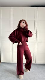 Balıkçı Crop Kazak Yüksek Bel Pantolon Triko Takım Bordo