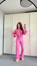 Balıkçı Crop Kazak Yüksek Bel Pantolon Triko Takım Pembe