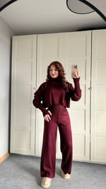 Balıkçı Crop Kazak Yüksek Bel Pantolon Triko Takım Bordo