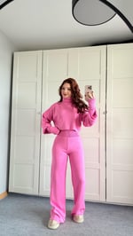 Balıkçı Crop Kazak Yüksek Bel Pantolon Triko Takım Pembe