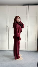 Balıkçı Crop Kazak Yüksek Bel Pantolon Triko Takım Bordo