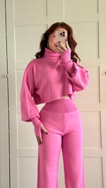 Balıkçı Crop Kazak Yüksek Bel Pantolon Triko Takım Pembe