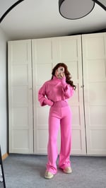 Balıkçı Crop Kazak Yüksek Bel Pantolon Triko Takım Pembe