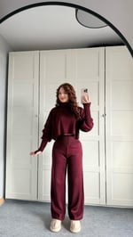 Balıkçı Crop Kazak Yüksek Bel Pantolon Triko Takım Bordo