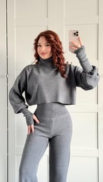 Balıkçı Crop Kazak Yüksek Bel Pantolon Triko Takım Gri