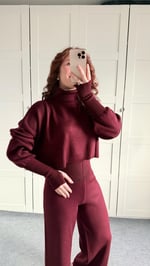 Balıkçı Crop Kazak Yüksek Bel Pantolon Triko Takım Bordo