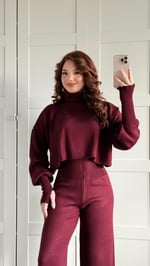 Balıkçı Crop Kazak Yüksek Bel Pantolon Triko Takım Bordo