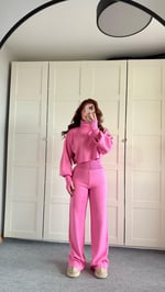 Balıkçı Crop Kazak Yüksek Bel Pantolon Triko Takım Pembe
