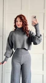 Balıkçı Crop Kazak Yüksek Bel Pantolon Triko Takım Gri