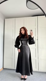 Balon Kol Saten Uzun Kol Elbise Siyah