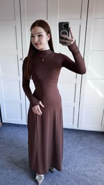 Basıc El Detay Elbise Kahverengi
