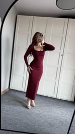 Basıc Kare Yaka Elbise Uzun Bordo