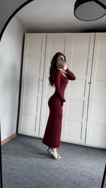 Basıc Kare Yaka Elbise Uzun Bordo
