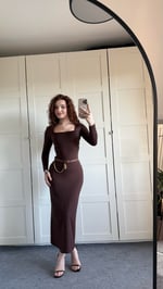 Basıc Kare Yaka Elbise Uzun Kahverengi 
