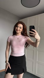 BASIC KISA KOL PEMBE T-SHIRT