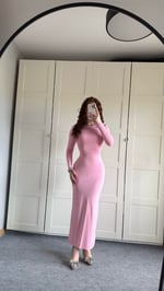 Basıc Sırt Detay Uzun Kol Elbise Pembe