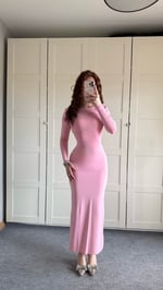 Basıc Sırt Detay Uzun Kol Elbise Pembe