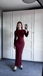 Basıc Uzun Kol Bordo Elbise