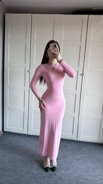 Basıc Uzun Kol Pembe Elbise
