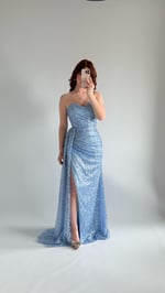 Belle Straplez Taşlı Yırtmaçlı Abiye Bebe Mavisi 