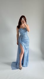 Belle Straplez Taşlı Yırtmaçlı Abiye Bebe Mavisi 