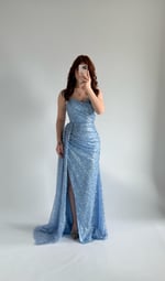 Belle Straplez Taşlı Yırtmaçlı Abiye Bebe Mavisi 
