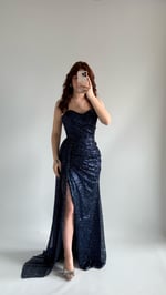 Belle Straplez Taşlı Yırtmaçlı Abiye Lacivert 