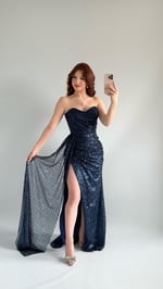 Belle Straplez Taşlı Yırtmaçlı Abiye Lacivert 