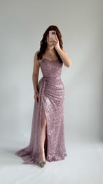 Belle Straplez Taşlı Yırtmaçlı Abiye Lila