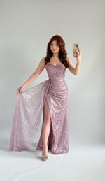 Belle Straplez Taşlı Yırtmaçlı Abiye Lila