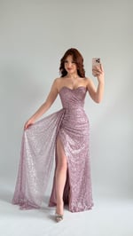 Belle Straplez Taşlı Yırtmaçlı Abiye Lila
