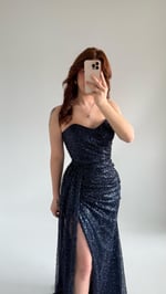 Belle Straplez Taşlı Yırtmaçlı Abiye Lacivert 