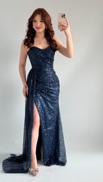 Belle Straplez Taşlı Yırtmaçlı Abiye Lacivert 