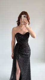 Belle Straplez Taşlı Yırtmaçlı Abiye Siyah