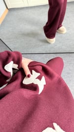 Beyaz Kurdele İşlemeli Bordo Triko Takım 