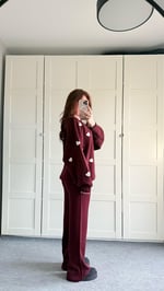 Beyaz Minik Kalp İşlemeli Bordo Triko Takım 